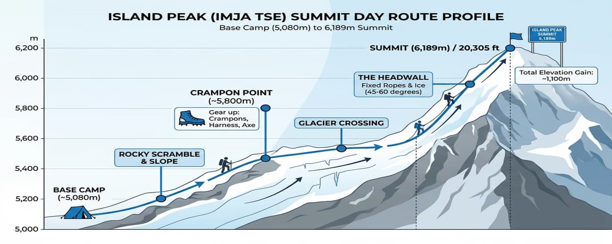 island-peak-summit-route-elevation-diagram Island Peak summit day route profile from base camp to the 6,189m summit