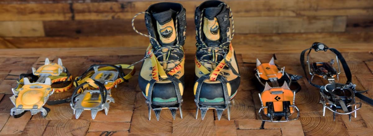 island-peak-crampon-binding-fit Automatic step-in crampon binding fitted to a mountaineering boot
