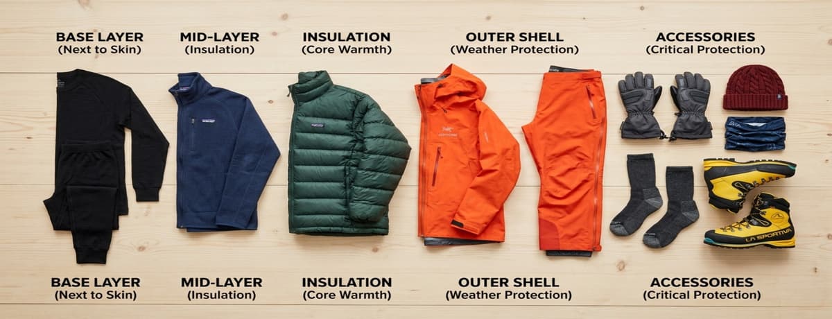 island-peak-clothing-layering-system Complete layering system for Island Peak summit day, base layer to shell