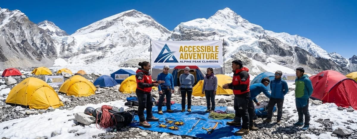 accessible-adventure-island-peak-gear-check Accessible Adventure guide conducting a pre-summit gear check at Island Peak base camp