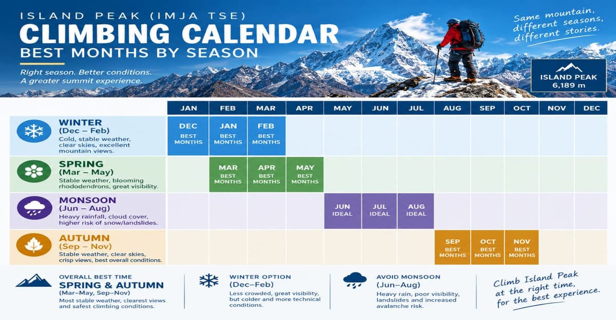 island-peak-climbing-calendar-infographic. Island Peak climbing calendar showing best months by season