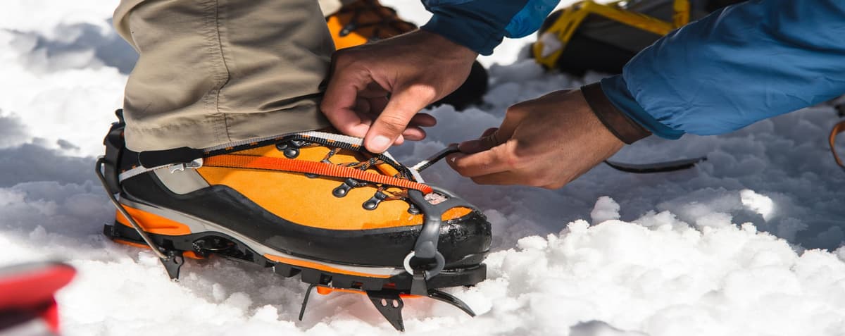 island-peak-crampons-blue-ice Climber's crampons on hard blue ice of the Island Peak headwall