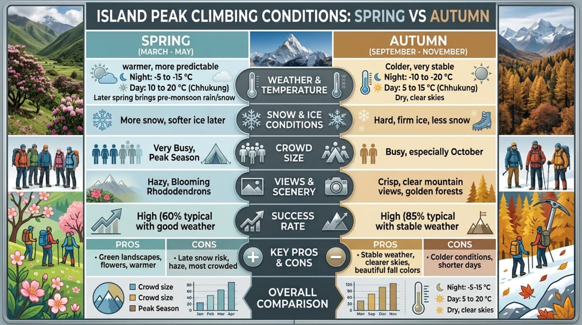 island-peak-spring-vs-autumn-infographic Infographic comparing Island Peak spring and autumn climbing conditions