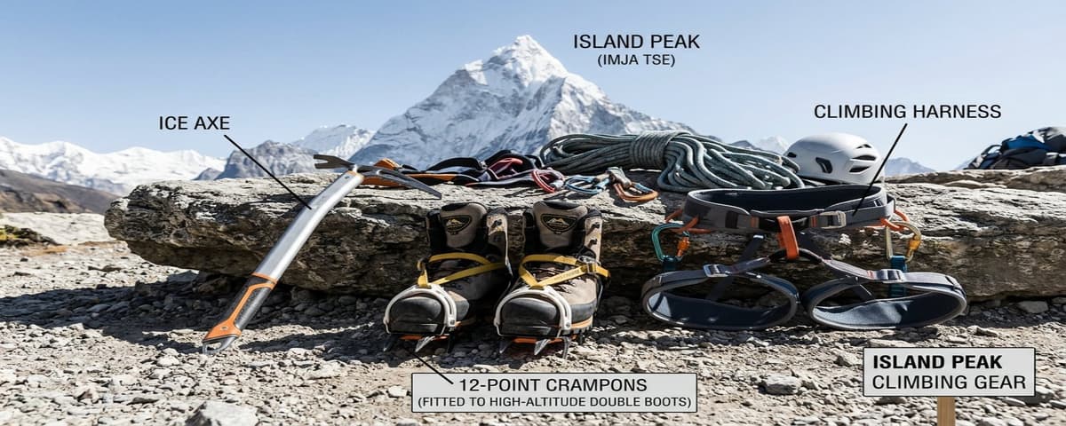 island-peak-climbing-gear-flatlay Island Peak climbing gear including crampons, ice axe, and harness