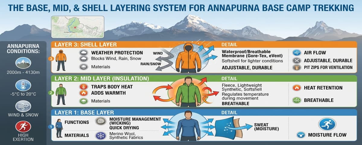 abc-layering-system-diagram Diagram of the base, mid, and shell layering system for Annapurna Base Camp trekking
