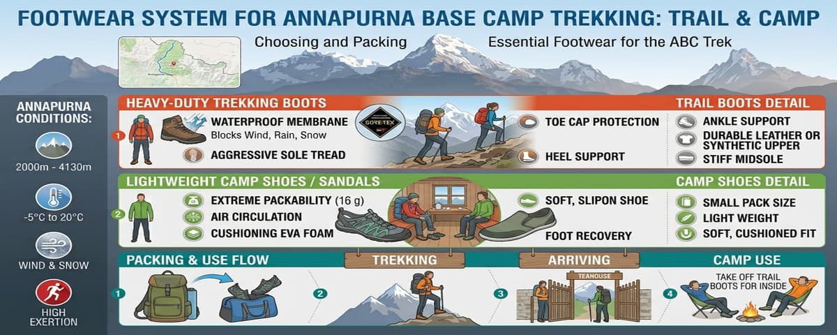 abc-trekking-boots-camp-shoes Trekking boots and lightweight camp shoes packed for the Annapurna Base Camp trek