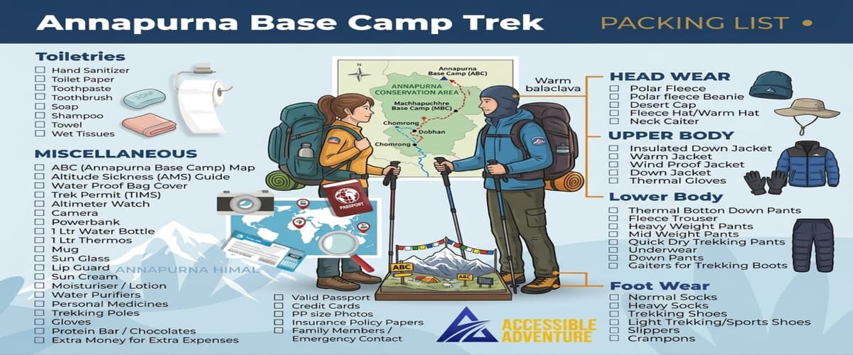 abc-daypack-essentials-flatlay Daypack essentials laid out for a day of trekking to Annapurna Base Camp