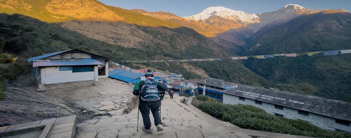 Stone Steps on the ABC Trail Trekker climbing stone staircase near Chhomrong on the Annapurna Base Camp trail