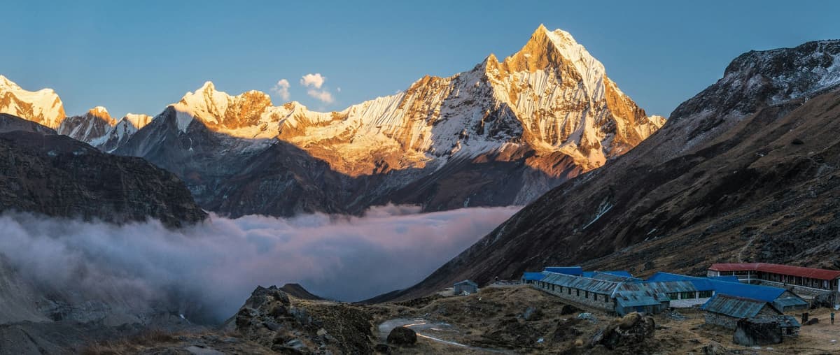 Annapurna Base Camp Panorama Annapurna Sanctuary amphitheater with Annapurna I and Machhapuchhre at Annapurna Base Camp