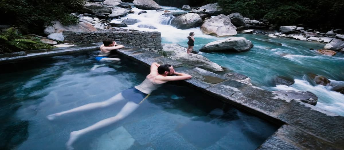 Jhinu Danda Hot Springs Trekkers relaxing in Jhinu Danda natural hot springs on the Annapurna Base Camp trek