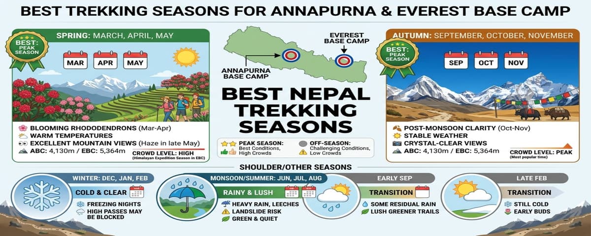 Best Time to Trek ABC and EBC Calendar graphic showing best trekking seasons for Annapurna and Everest Base Camp