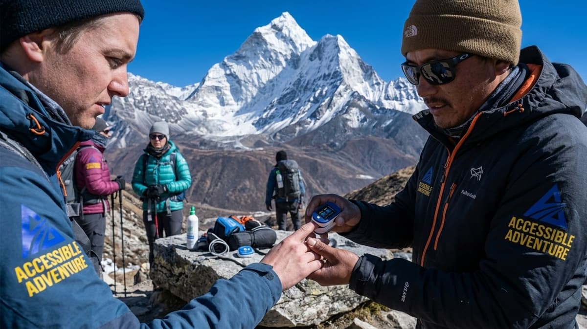 AMS Monitoring on the Trail Guide checking a trekker's oxygen saturation with a pulse oximeter during acclimatization