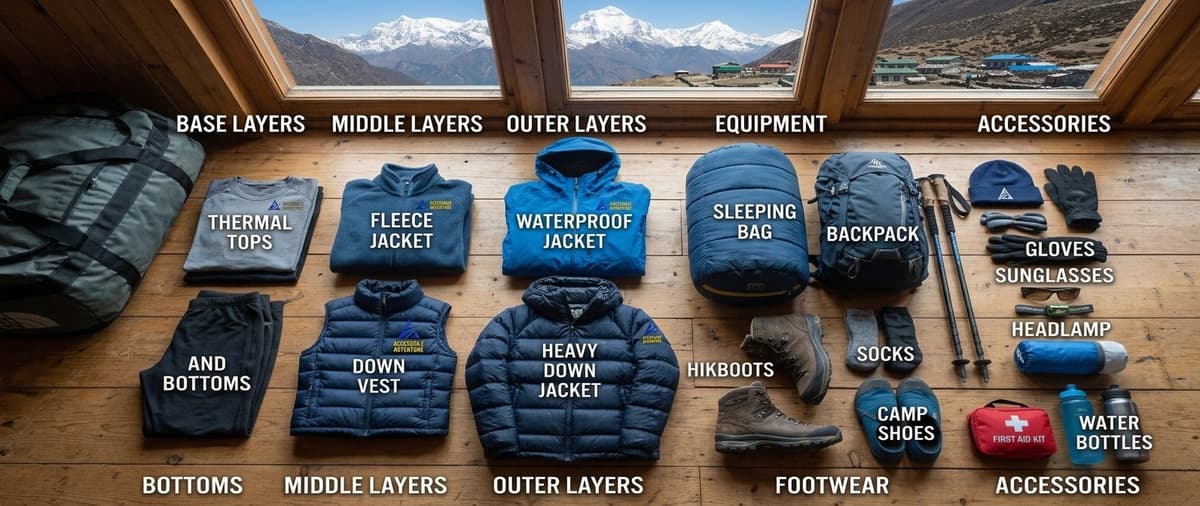 Nepal Trek Packing Essentials Layered trekking gear laid out for an Annapurna or Everest Base Camp trek