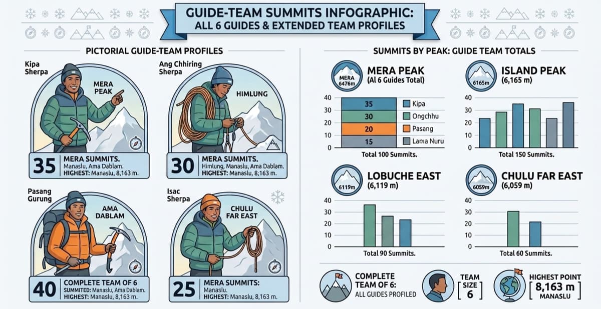 Guide Team Summit Record by Peak Bar chart of guide-team summits: Mera, Island, Lobuche East and Chulu Far East