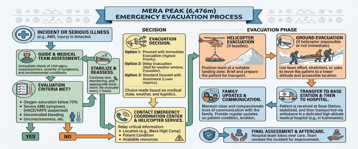 Mera Peak Emergency Evacuation Process Flowchart: assessment, decision, evacuation, hospital transfer and family updates