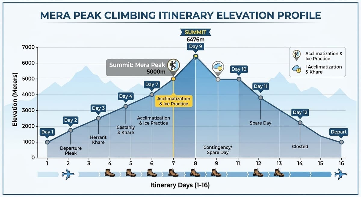 Mera Peak 16-Day Altitude Profile Elevation chart showing acclimatization, summit and contingency days